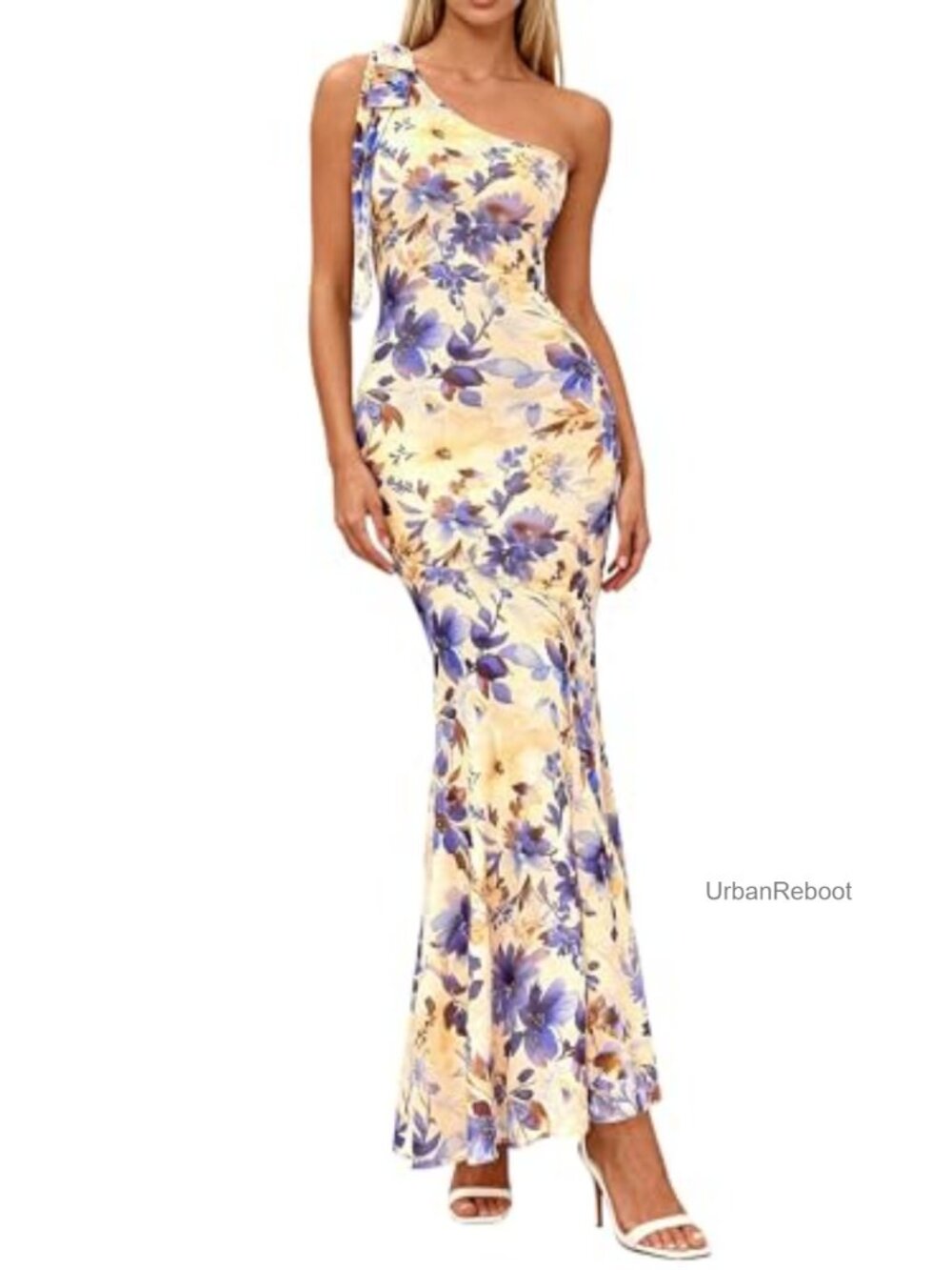 Sleeveless One Shoulder Mesh Maxi Dress Floral Bodycon Mermaid